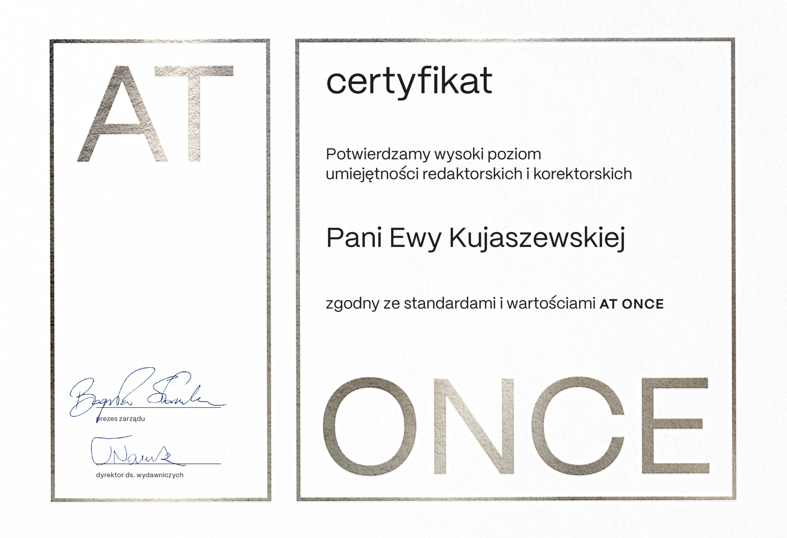 certyfikat At Once redakcja korekta
